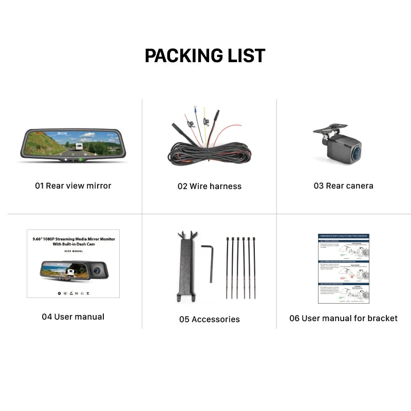 9.66" 1080P Rearview Mirror Dash Cam – WiFi, 24H Parking Mode, Front Camera Recorder