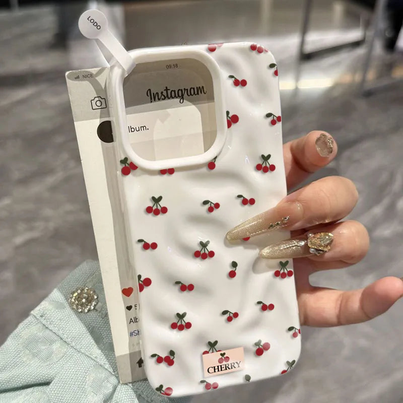For iPhone 17 16 15 14 13 12 11 Pro Max Plus Case Cute Cherry Folds Texture Phone Cover For iPhone 17 Air Shockproof Soft Fundas