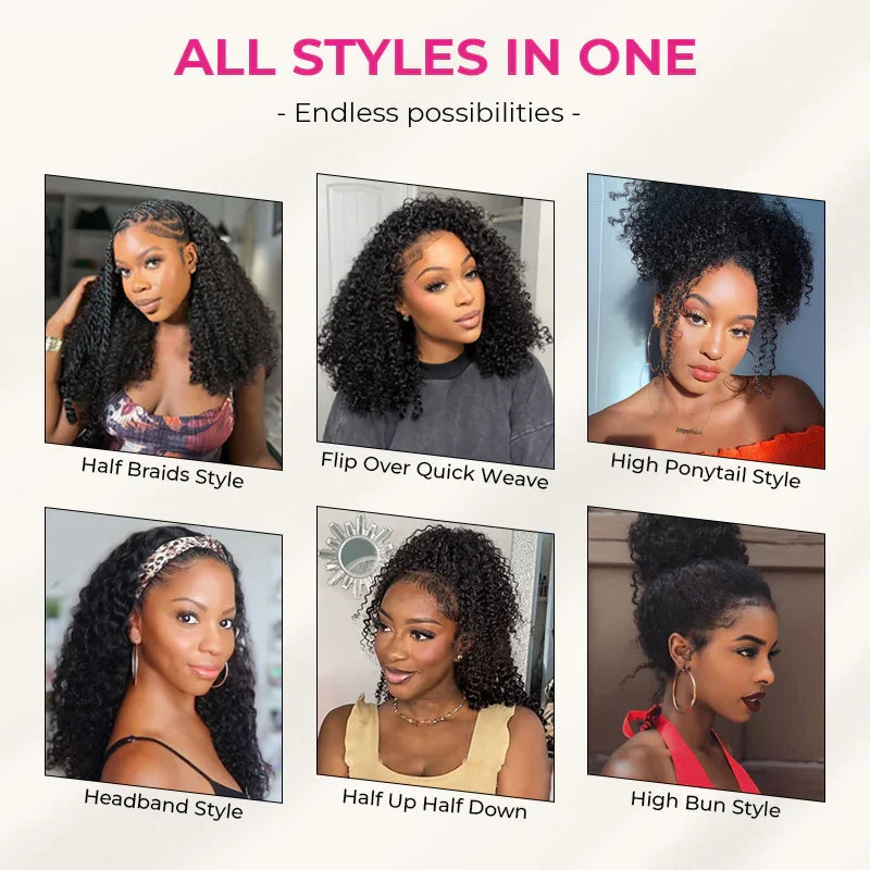 220% Afro Kinky Curly Half Wig Human Hair 3‑in‑1 Wear & Go Glueless Drawstring