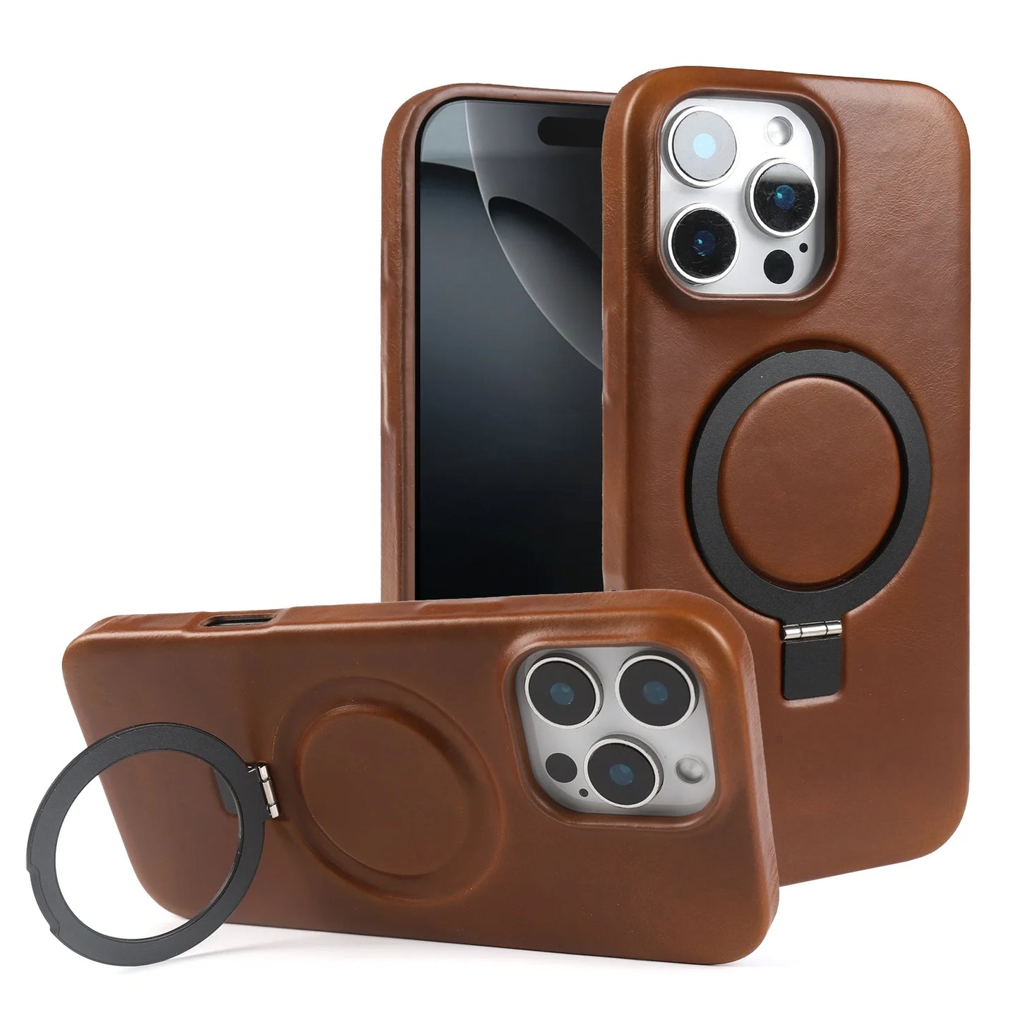 Genuine Leather Stand Case w/ Magnetic Holder for iPhone 16–11