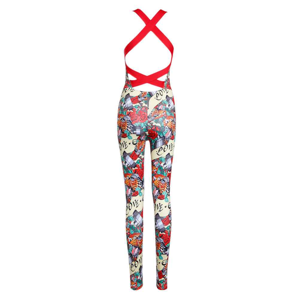 Women’s Casual Printed One‑Piece Yoga Jumpsuit – Sleeveless Sports Fitness Set
