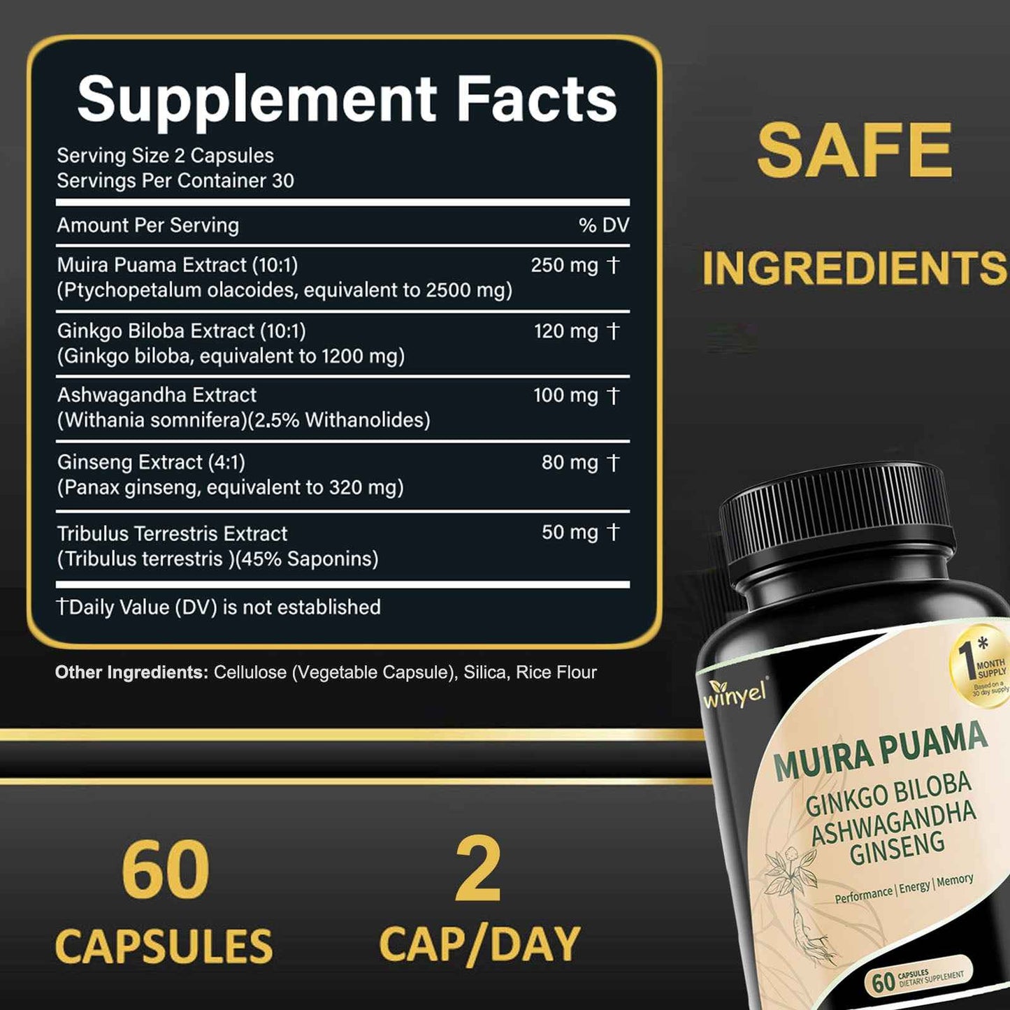 Herbal Energy & Wellness Blend – Muira Puama, Ginseng, Ashwagandha, Ginkgo & Tribulus  60 Capsules