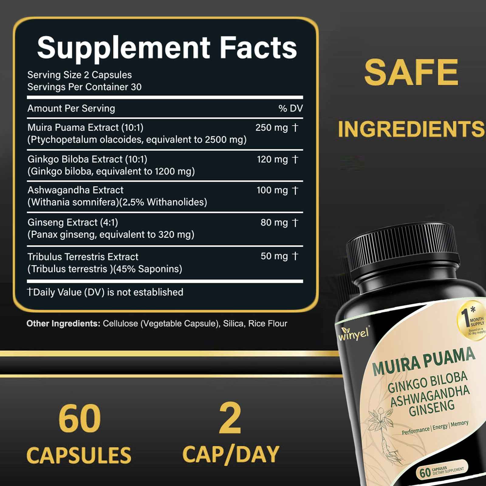 Herbal Energy & Wellness Blend – Muira Puama, Ginseng, Ashwagandha, Ginkgo & Tribulus  60 Capsules