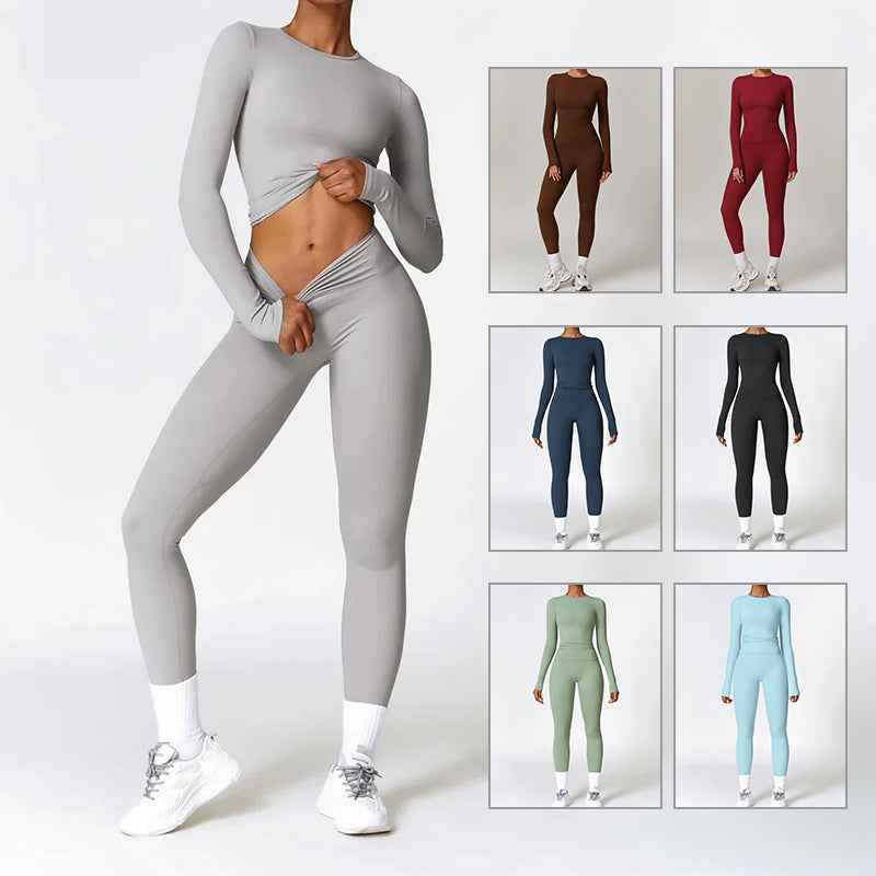 Women’s Brushed Yoga Set – Quick‑Dry Tight‑Fit Long Sleeve Top & High‑Waist Leggings