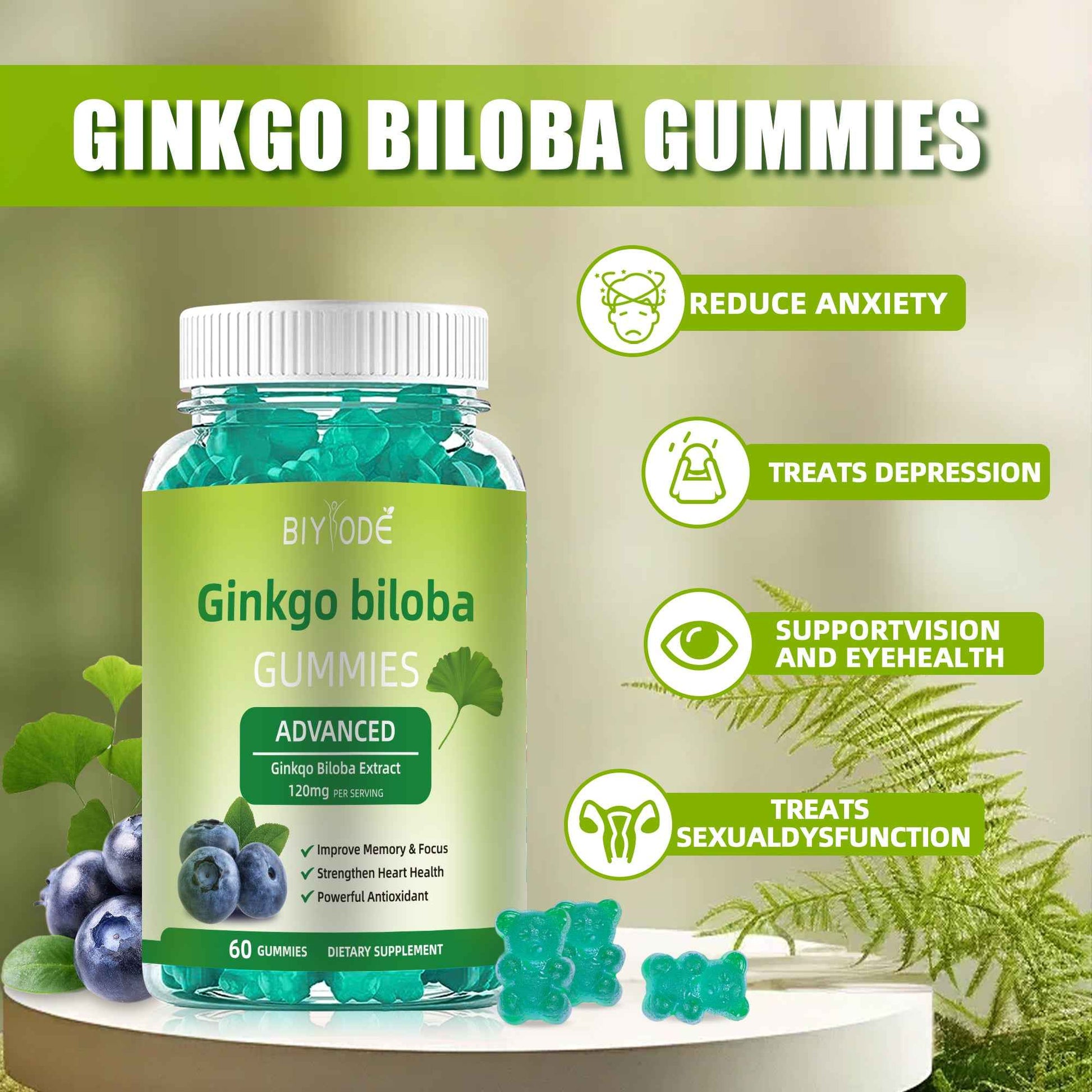 Ginkgo Biloba Gummies for Adults with 120mg Extract per Serving – 60 Gummies
