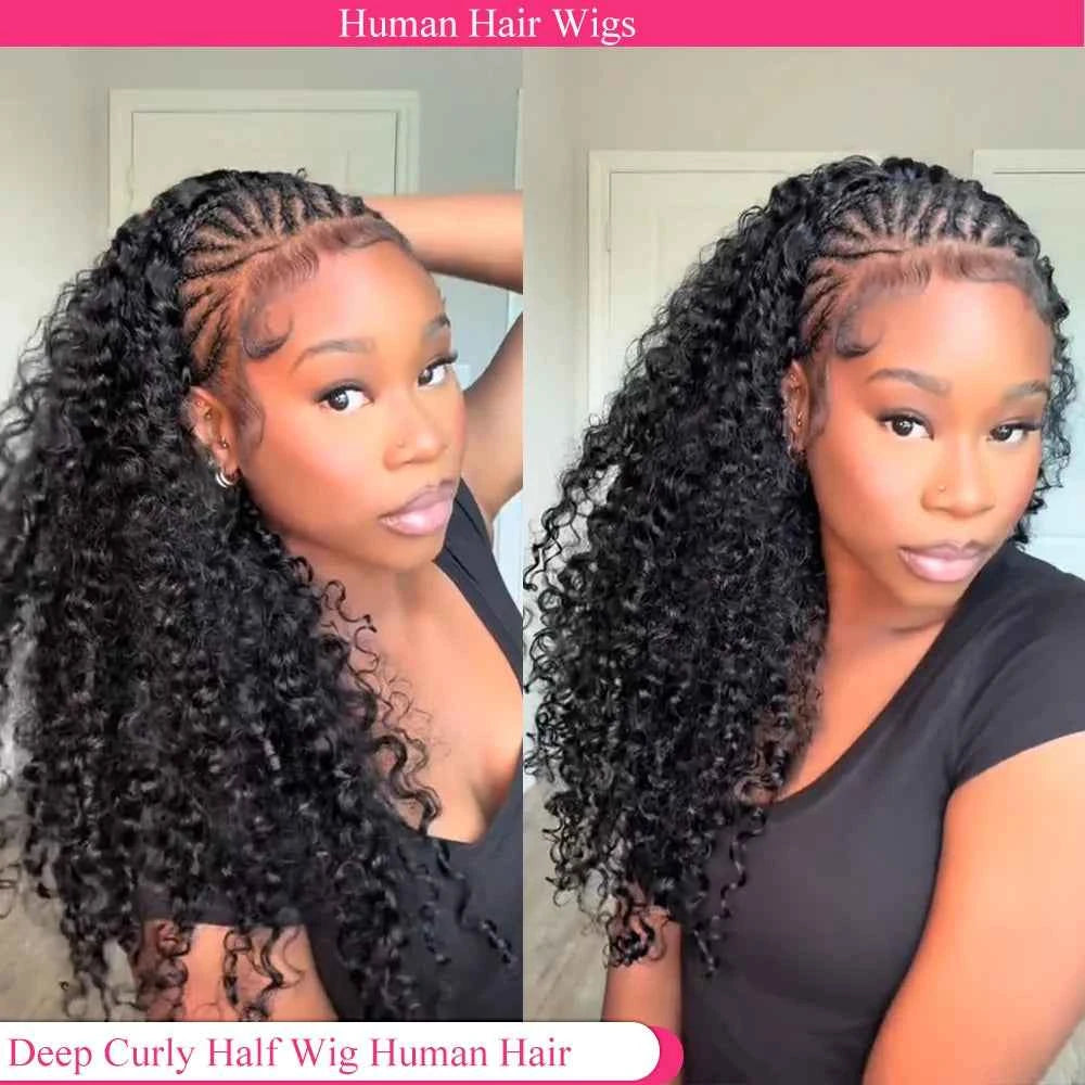 Deep Curly Human Hair Half Wig 3‑in‑1 Drawstring Jerry Curly Glueless