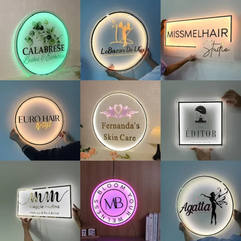 Business Neon Lights Mirror Logo Sign - Custom Neon Business Sign for Hair Studio, Acrylic 3D Custom Plaques, Office Door and Wall Decoration
