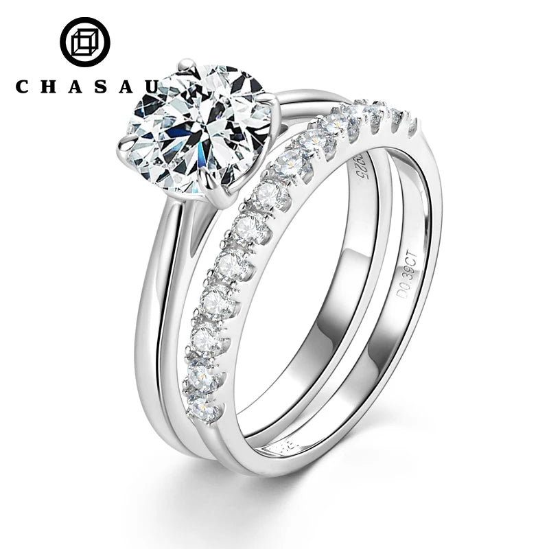Silver 925 Solitaire Engagement Wedding Rings Stackable Eternity Bands 2 Carat All Moissanite Ring Bridal Sets for Women