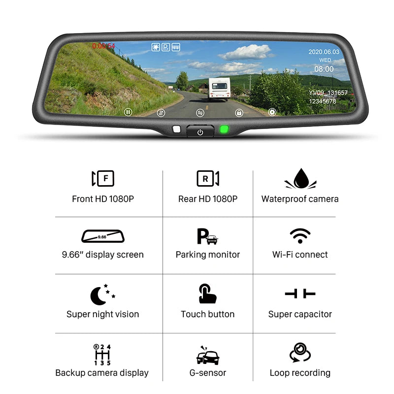 9.66" 1080P Rearview Mirror Dash Cam – WiFi, 24H Parking Mode, Front Camera Recorder