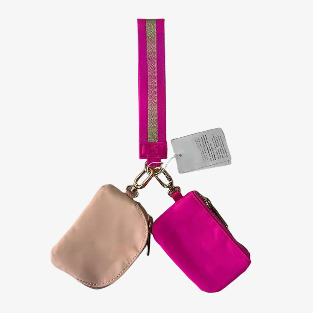 Keychain Bag Wristlet Coin Pouch Portable Simple Open Closure Storage Bag Handbag Nylon with Gold Strap