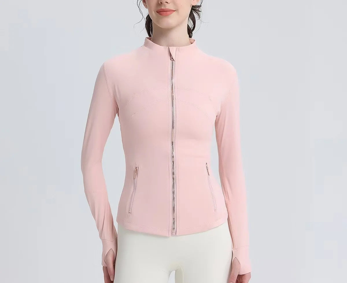 Women’s Nylon Yoga Running Jacket with Gold Zipper Button-Up Collar