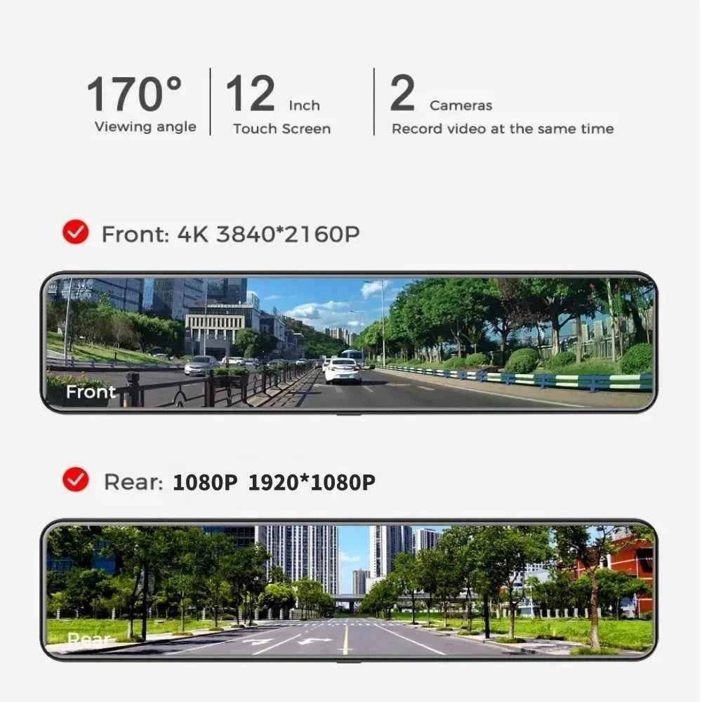 12" 4K + 1080P Dual Lens Rearview Mirror Dash Cam with WiFi GPS & Sony IMX415
