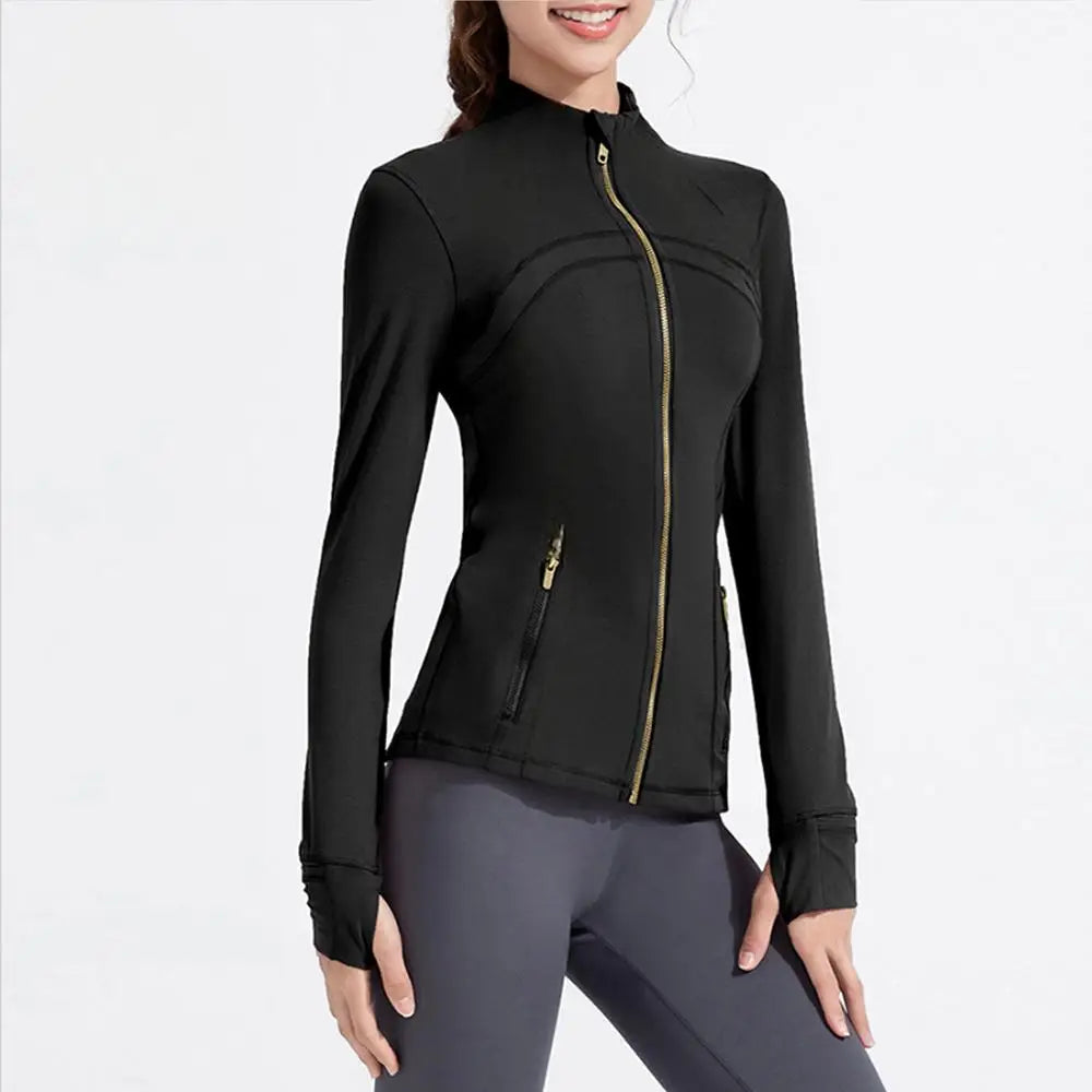 Breathable Women’s Yoga Jacket Slim Fit Stand Collar Top Gold Zipper