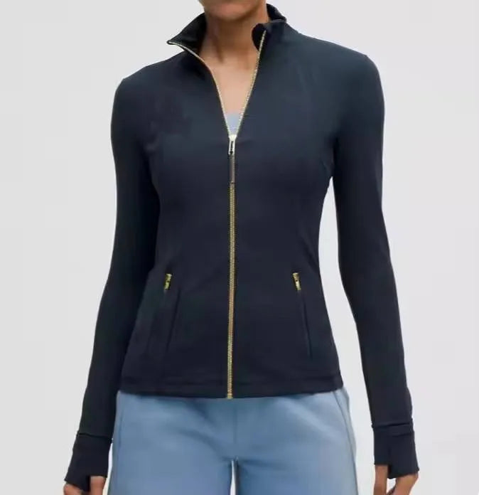 Women’s Yoga Top Full Zip Jacket Gold Zipper Workout Fitness Activewear