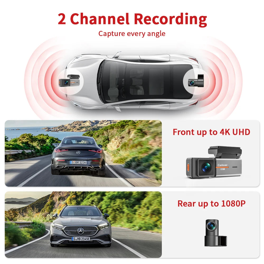 Carlover 4K Dual Lens WiFi Dash Cam – Front & Rear DVR, Waterproof, Night Vision