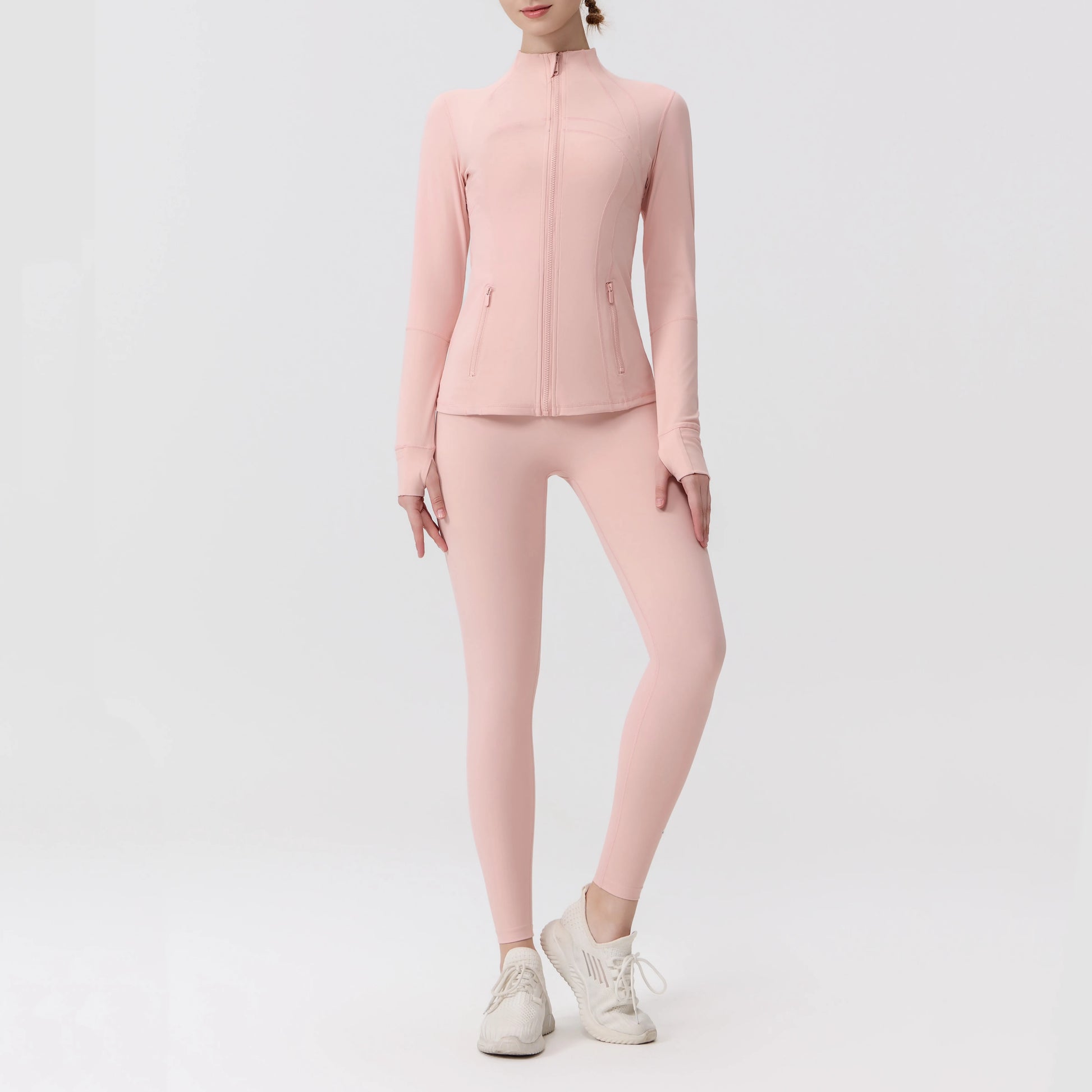 Women’s Solid Breathable Yoga Set with Zipper Jacket & Ruched Leggings