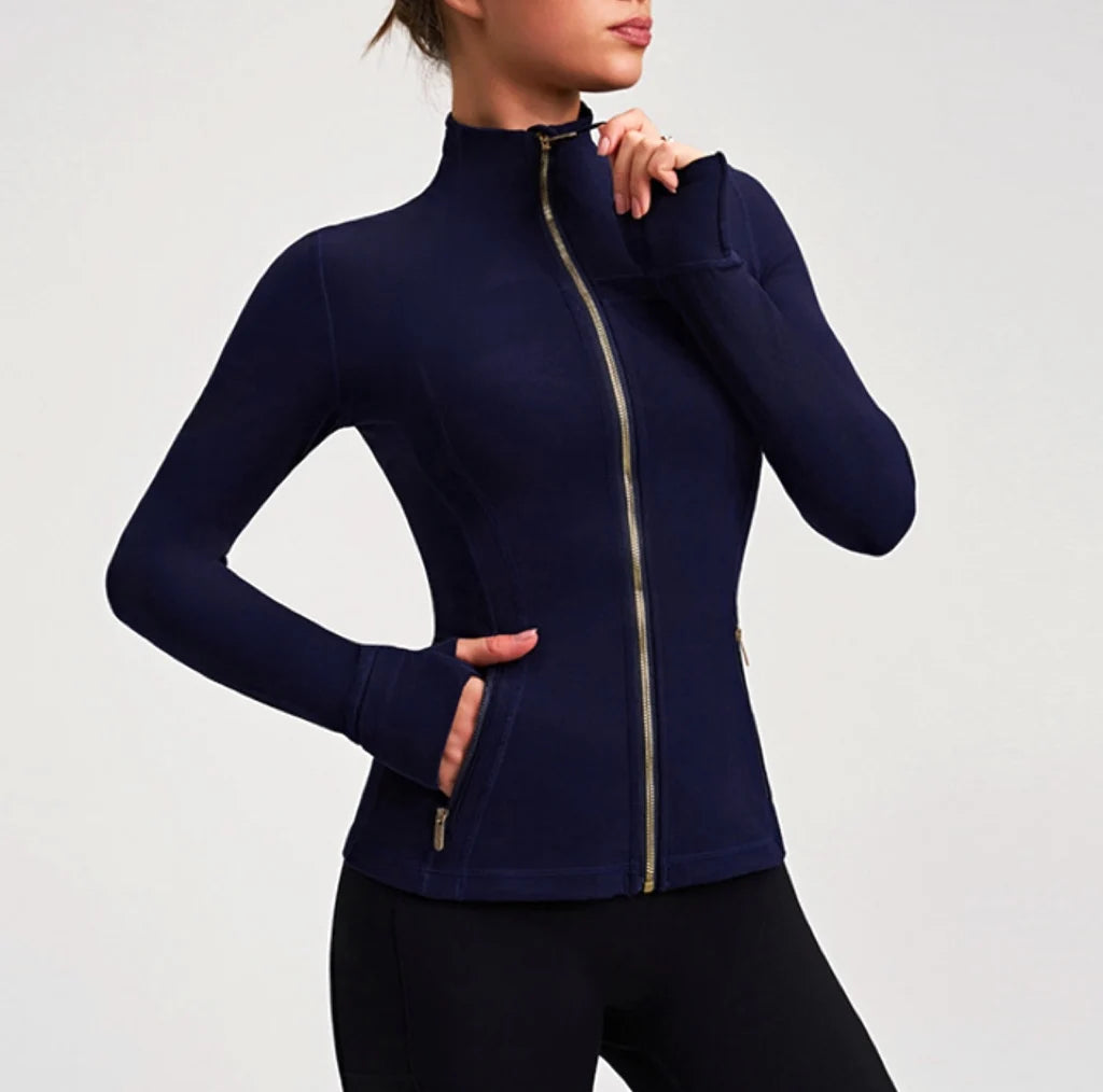 Breathable Women’s Yoga Jacket Slim Fit Stand Collar Top Gold Zipper