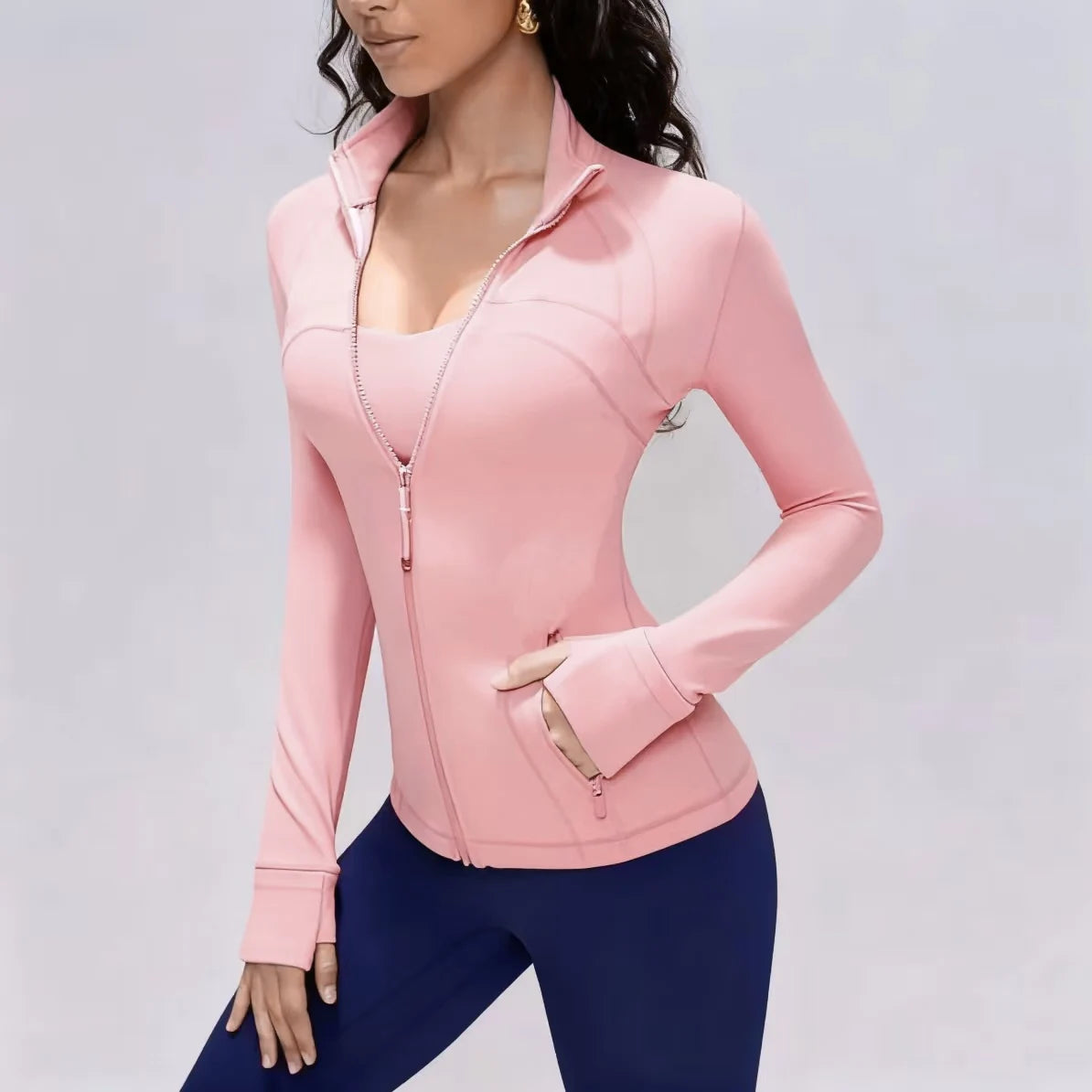 Breathable Women’s Yoga Jacket Slim Fit Stand Collar Top Gold Zipper