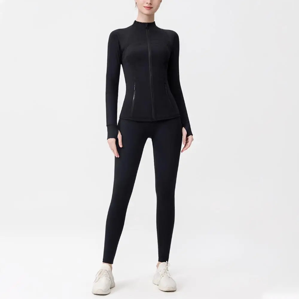 Women’s Solid Breathable Yoga Set with Zipper Jacket & Ruched Leggings