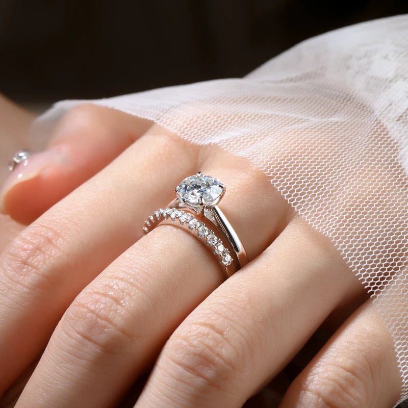 Silver 925 Solitaire Engagement Wedding Rings Stackable Eternity Bands 2 Carat All Moissanite Ring Bridal Sets for Women
