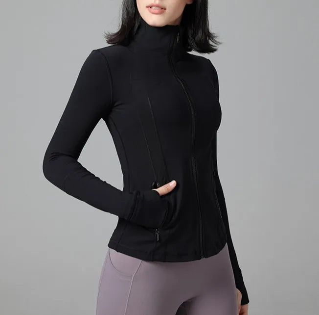 Women’s Nylon Yoga Running Jacket with Gold Zipper Button-Up Collar