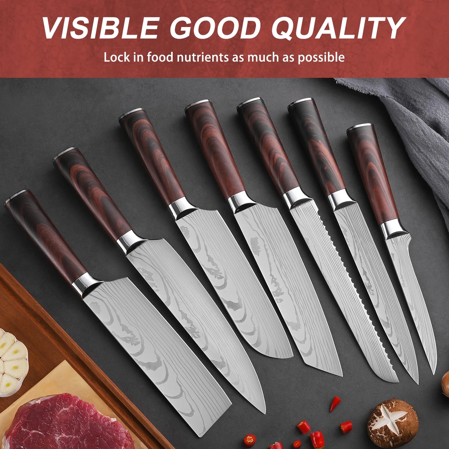 7-Piece Kitchen Knife Set with Stainless Steel Blades and Wood Grain Handles