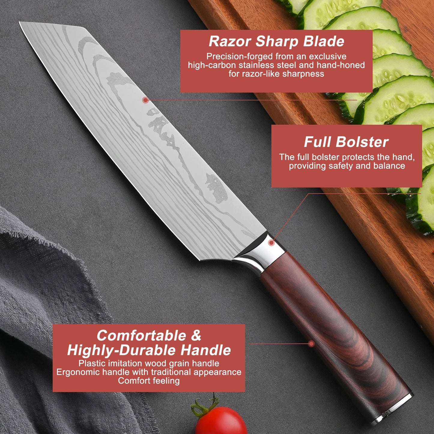 7-Piece Kitchen Knife Set with Stainless Steel Blades and Wood Grain Handles