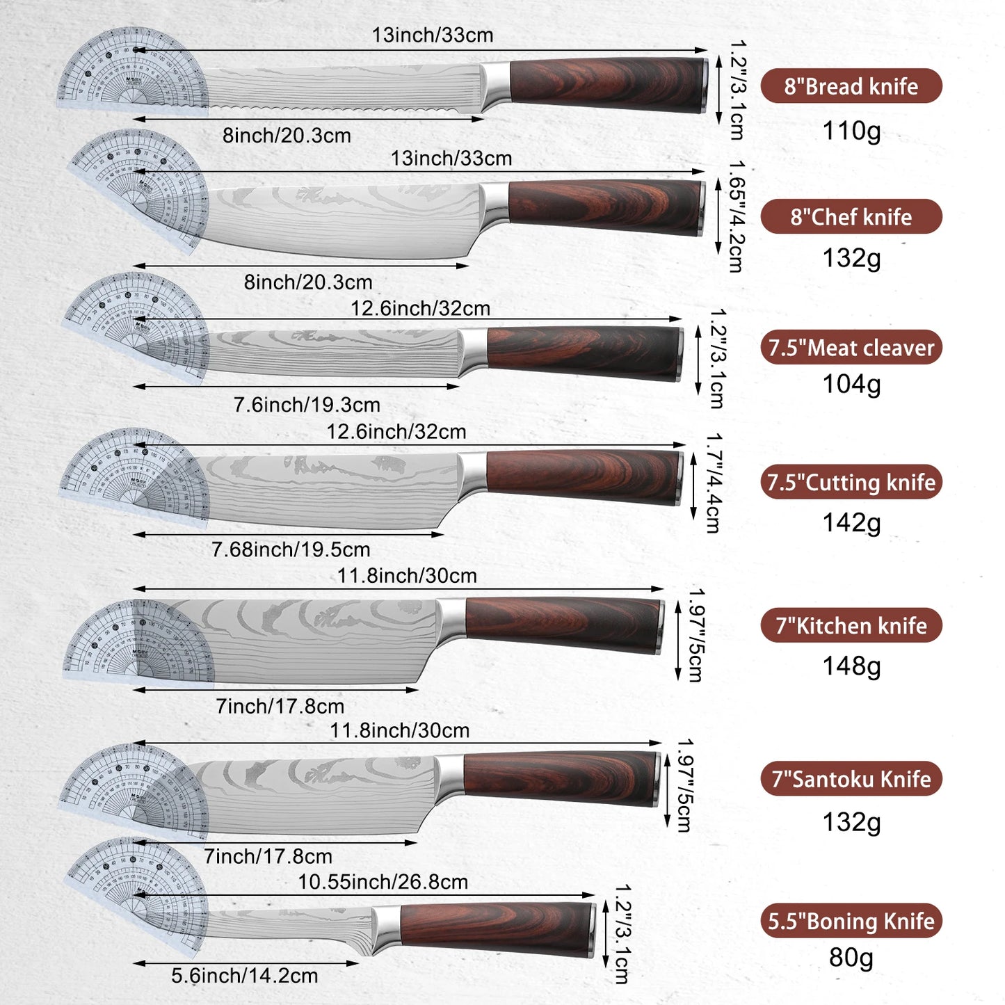 7-Piece Kitchen Knife Set with Stainless Steel Blades and Wood Grain Handles