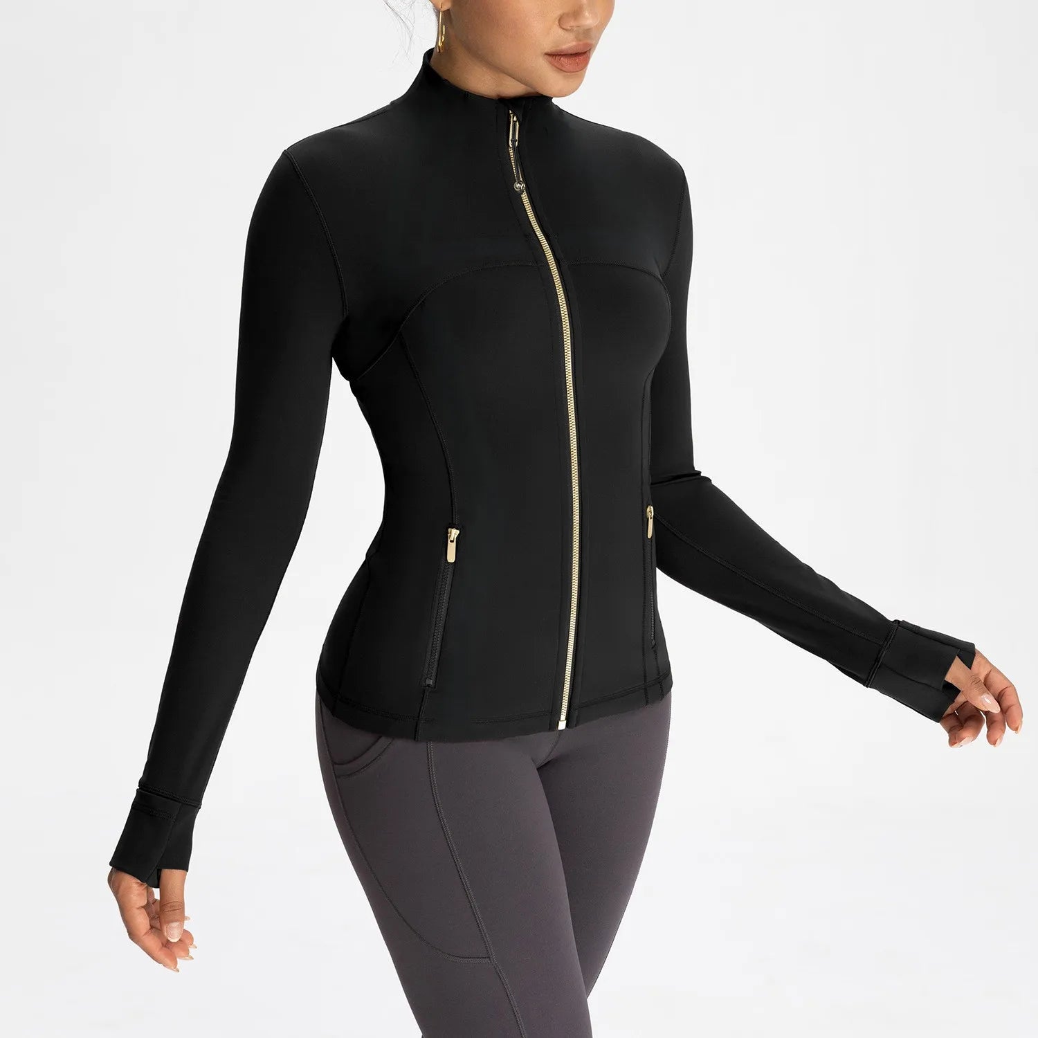 Women’s Yoga Top Full Zip Jacket Gold Zipper Workout Fitness Activewear
