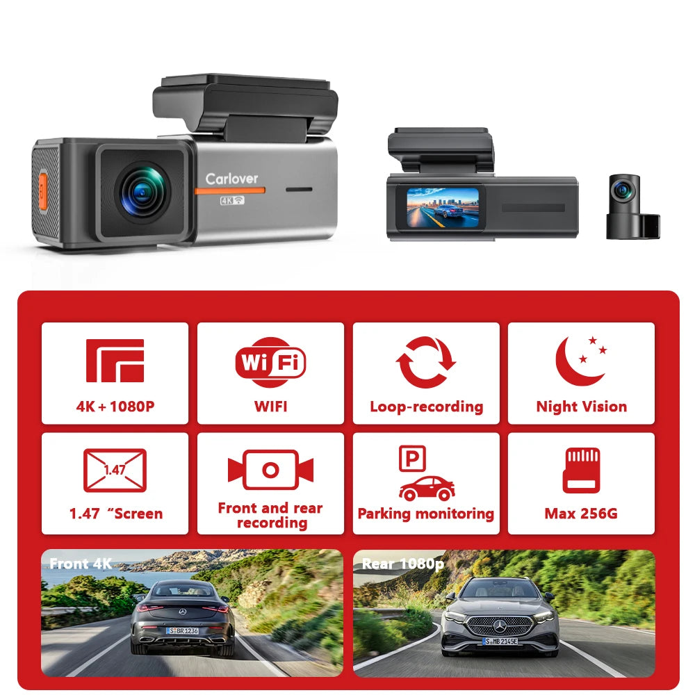 Carlover 4K Dual Lens WiFi Dash Cam – Front & Rear DVR, Waterproof, Night Vision
