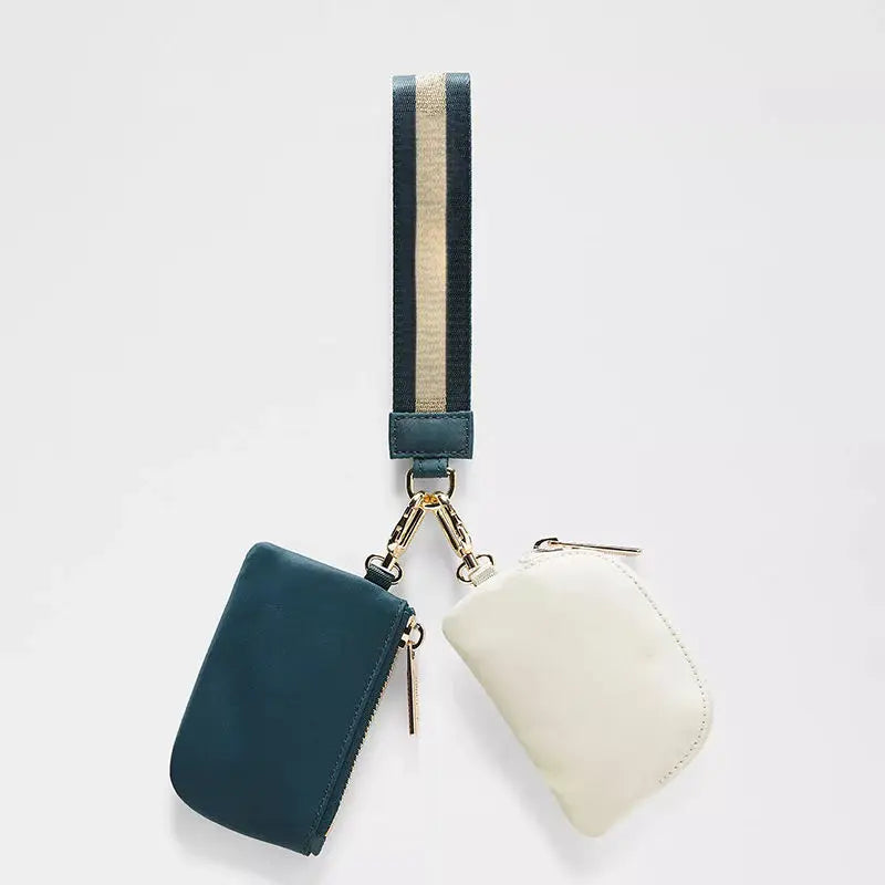 Keychain Bag Wristlet Coin Pouch Portable Simple Open Closure Storage Bag Handbag Nylon with Gold Strap
