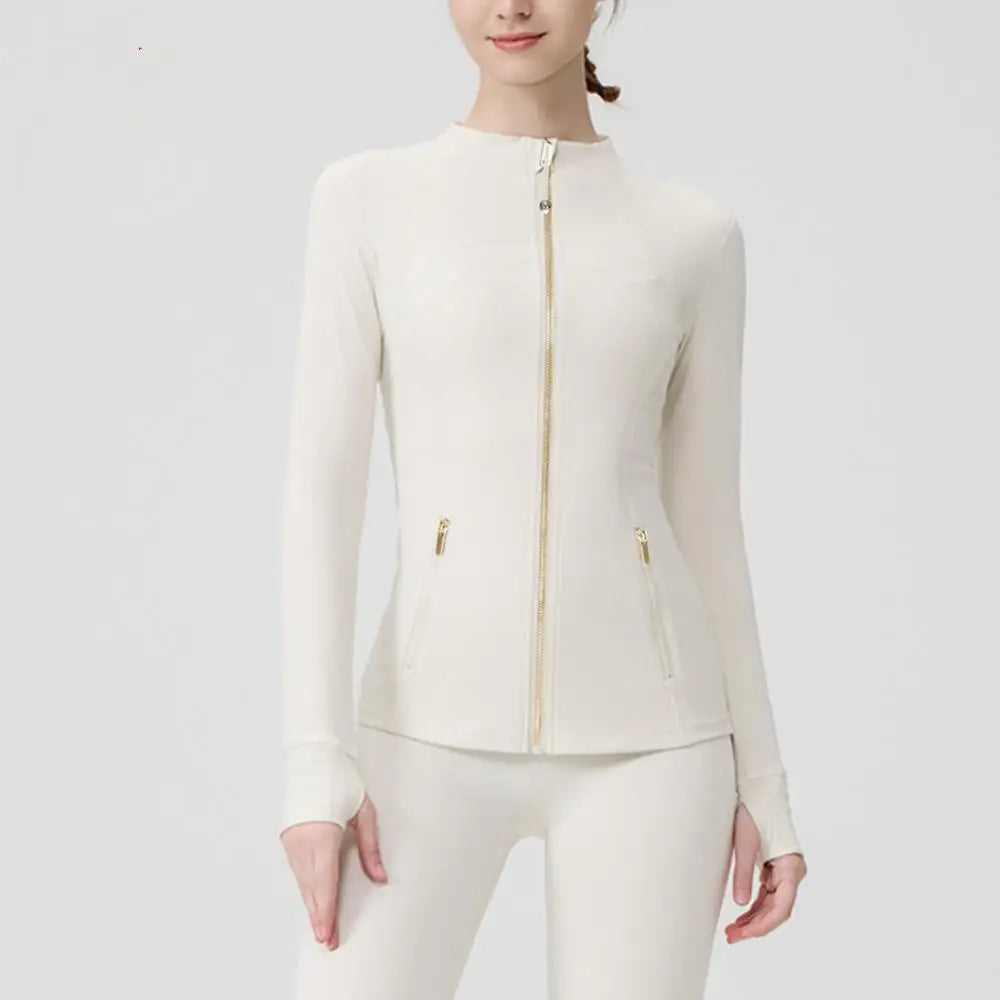 Women’s Solid Breathable Yoga Set with Zipper Jacket & Ruched Leggings