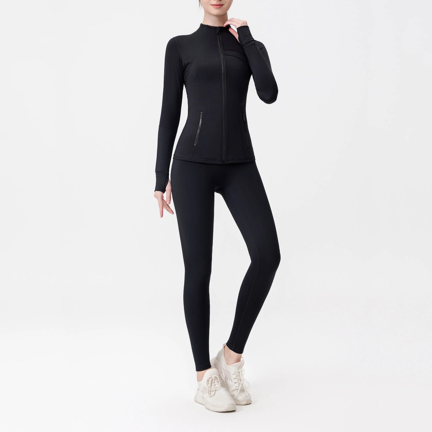 Women’s Solid Breathable Yoga Set with Zipper Jacket & Ruched Leggings