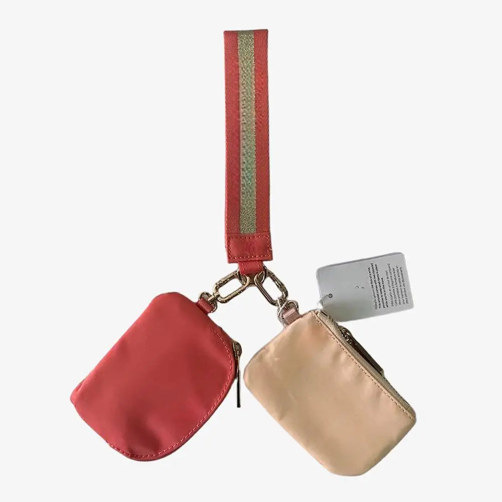 Keychain Bag Wristlet Coin Pouch Portable Simple Open Closure Storage Bag Handbag Nylon with Gold Strap