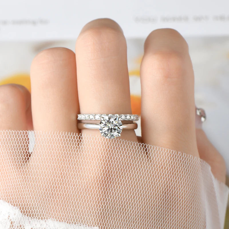 Silver 925 Solitaire Engagement Wedding Rings Stackable Eternity Bands 2 Carat All Moissanite Ring Bridal Sets for Women