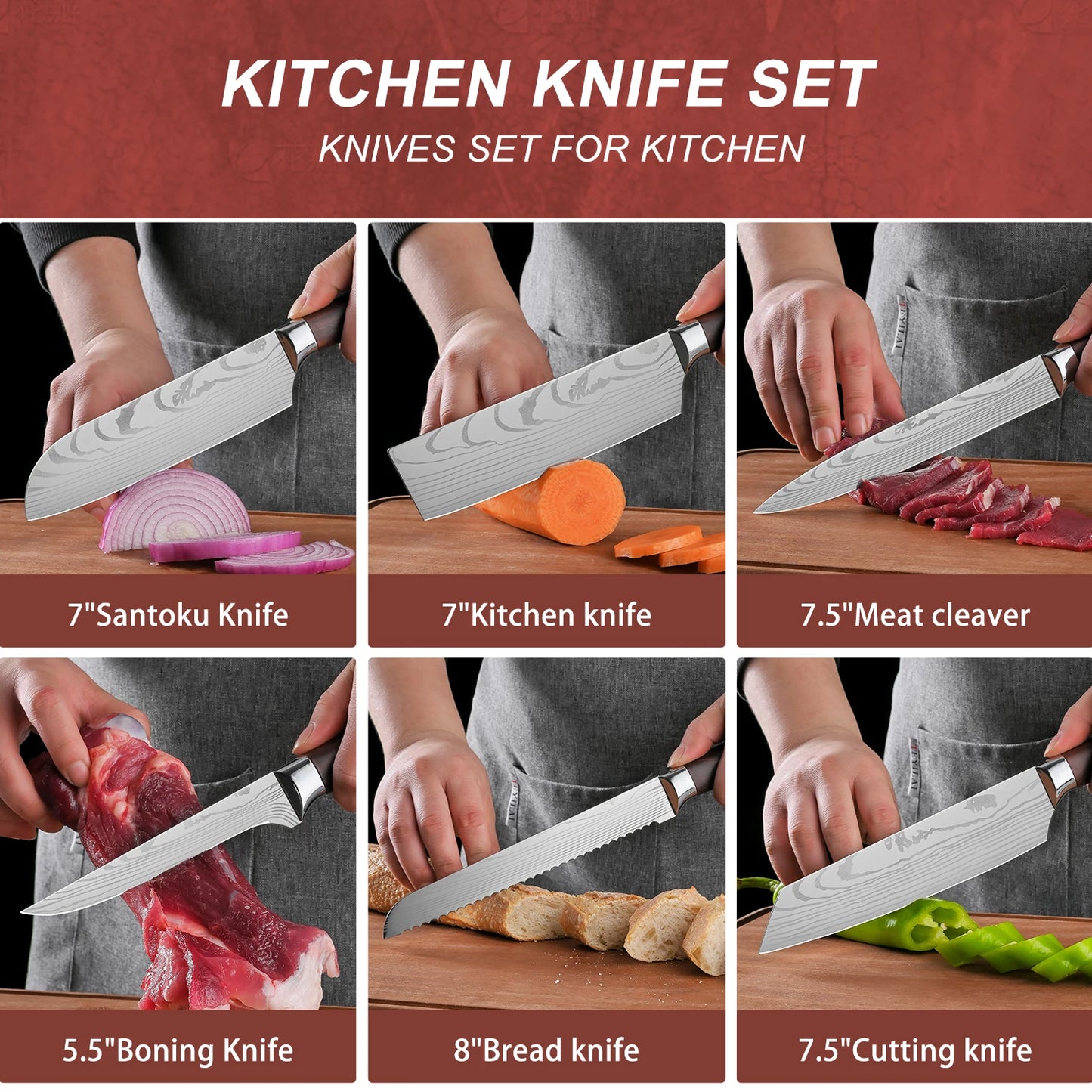 7-Piece Kitchen Knife Set with Stainless Steel Blades and Wood Grain Handles
