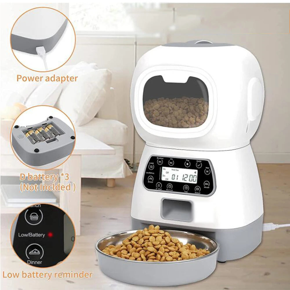 3.5L Smart Automatic Pet Feeder - Stainless Steel Bowl with Auto Timer for Dogs and Cats