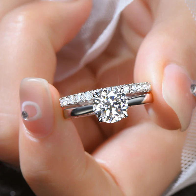 Silver 925 Solitaire Engagement Wedding Rings Stackable Eternity Bands 2 Carat All Moissanite Ring Bridal Sets for Women