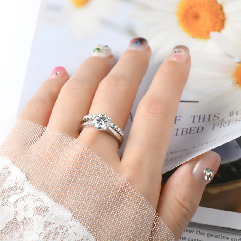 Silver 925 Solitaire Engagement Wedding Rings Stackable Eternity Bands 2 Carat All Moissanite Ring Bridal Sets for Women
