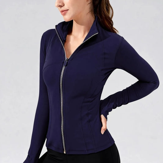 Breathable Women’s Yoga Jacket Slim Fit Stand Collar Top Gold Zipper