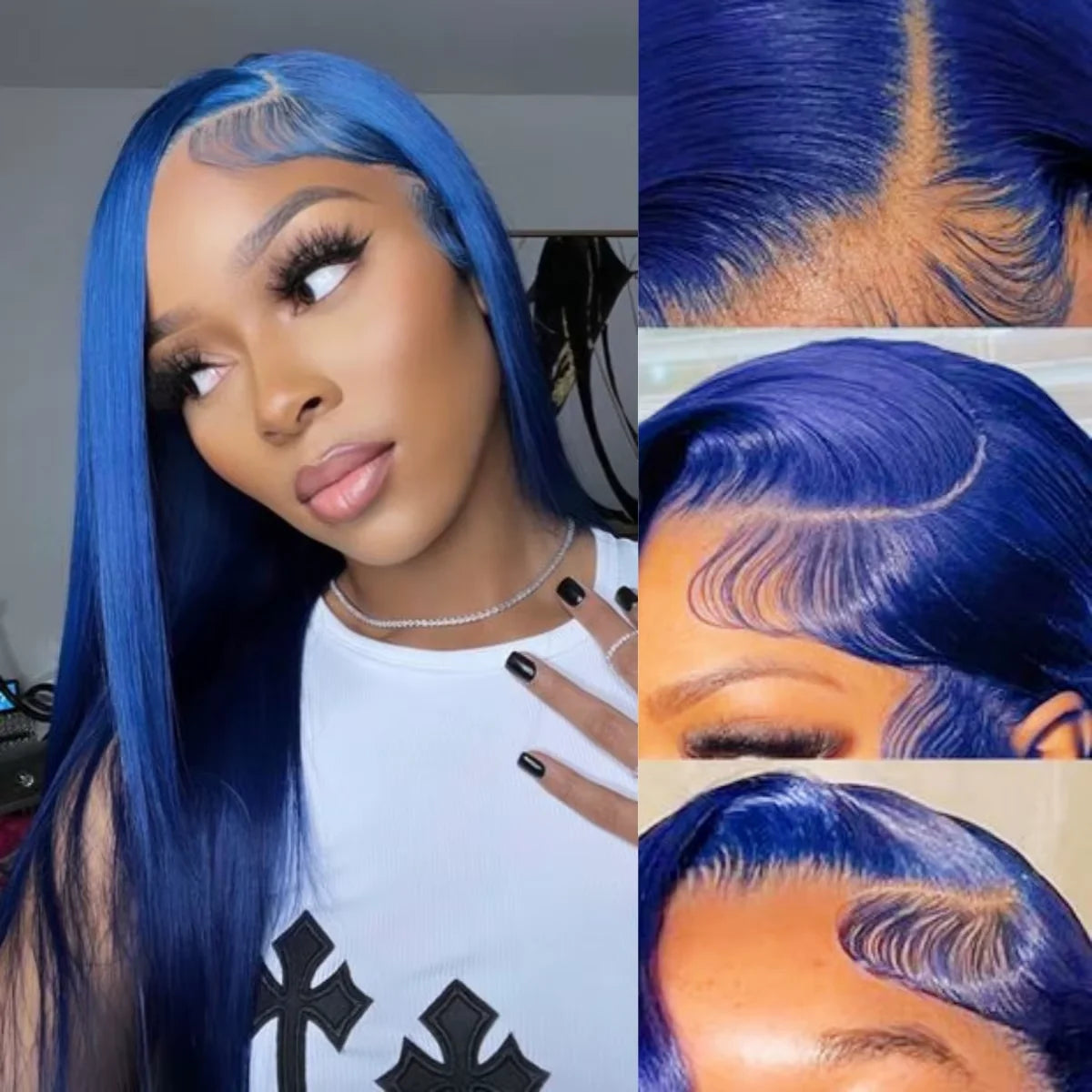 Straight Dark Blue Brazilian 13x4 HD Lace Frontal Wig - Glueless, 30-34"
