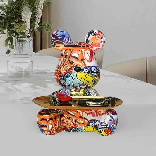 Trendy Colorful Graffiti Bear Desk Organizer - Abstract Resin Storage Statue for Home Office Ornaments