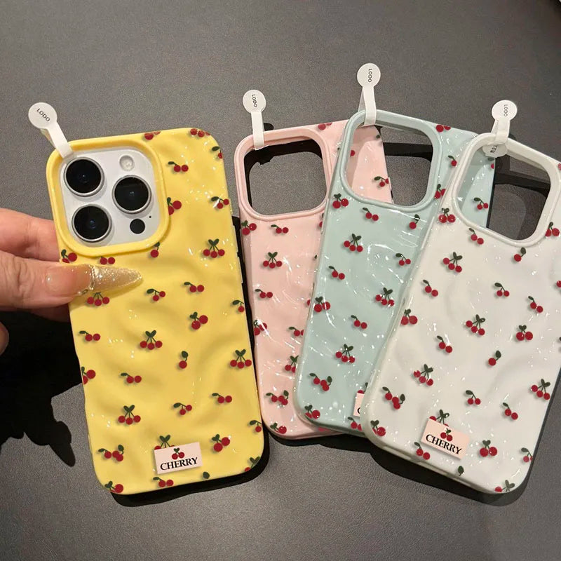 For iPhone 17 16 15 14 13 12 11 Pro Max Plus Case Cute Cherry Folds Texture Phone Cover For iPhone 17 Air Shockproof Soft Fundas