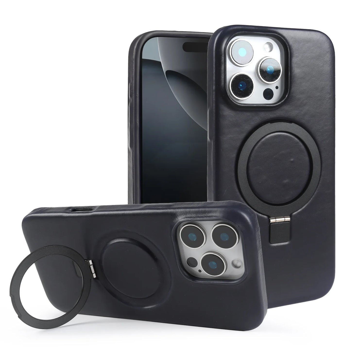 Genuine Leather Stand Case w/ Magnetic Holder for iPhone 16–11