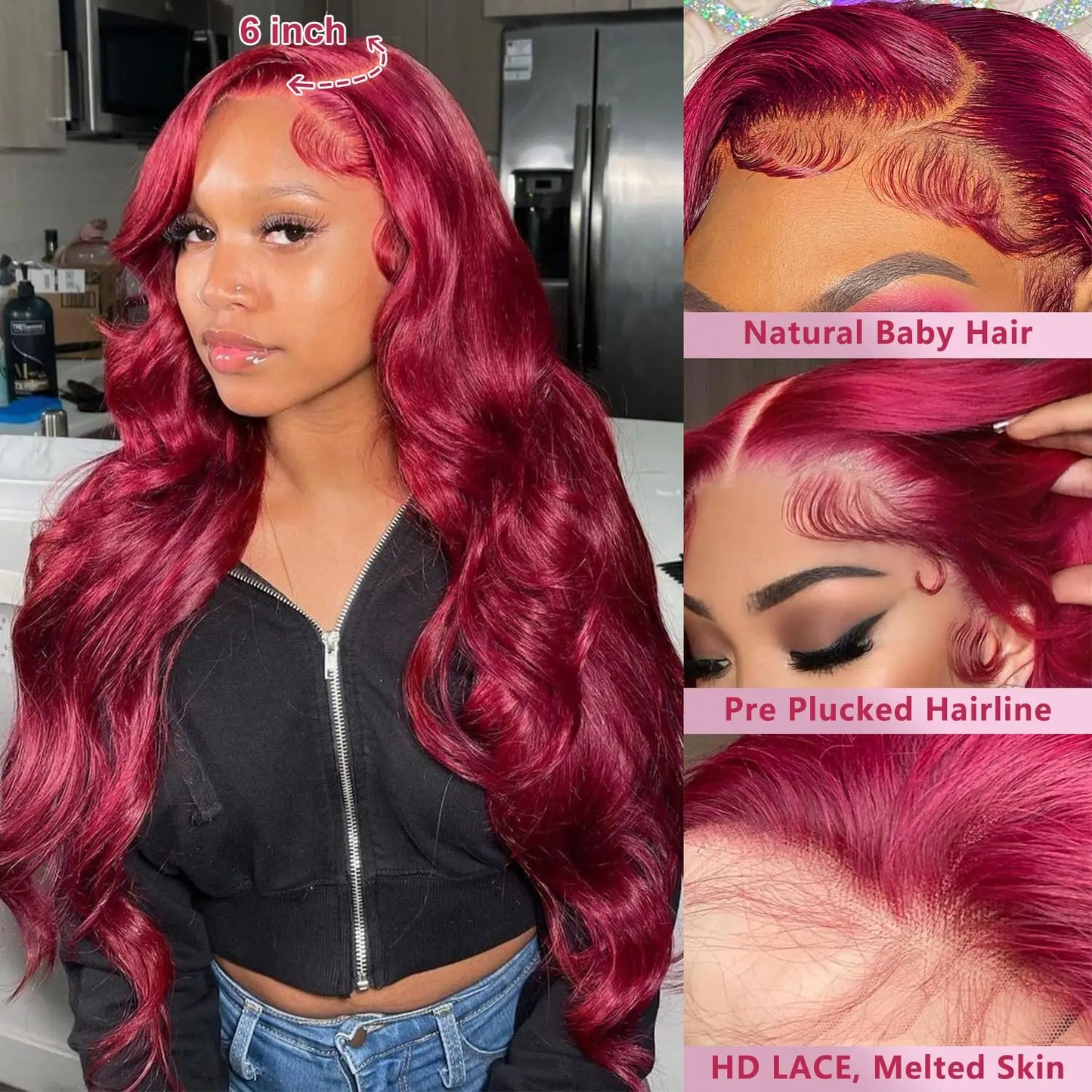 Preplucked HD Lace Frontal Wig - 13x4, Burgundy Body Wave