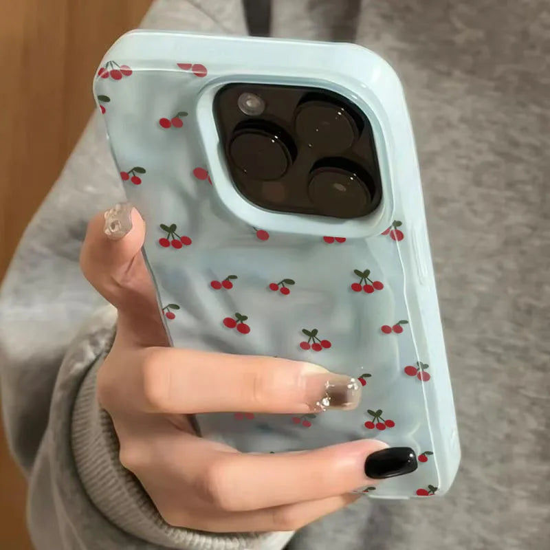 For iPhone 17 16 15 14 13 12 11 Pro Max Plus Case Cute Cherry Folds Texture Phone Cover For iPhone 17 Air Shockproof Soft Fundas