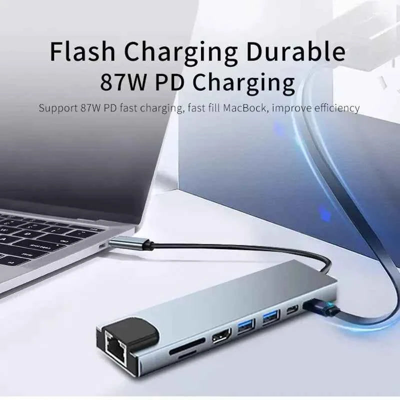 8‑in‑1 USB Type‑C Hub Adapter — 4K HDTV, SD/TF, RJ45, PD Fast Charge for MacBook & Laptops