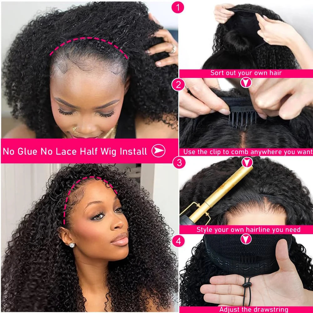 Deep Curly Human Hair Half Wig 3‑in‑1 Drawstring Jerry Curly Glueless