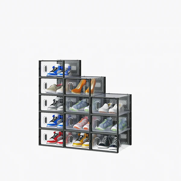 Transparent Plastic Shoe Hanger Storage Boxes - 6/12 Pack, Foldable & Stackable with Lids