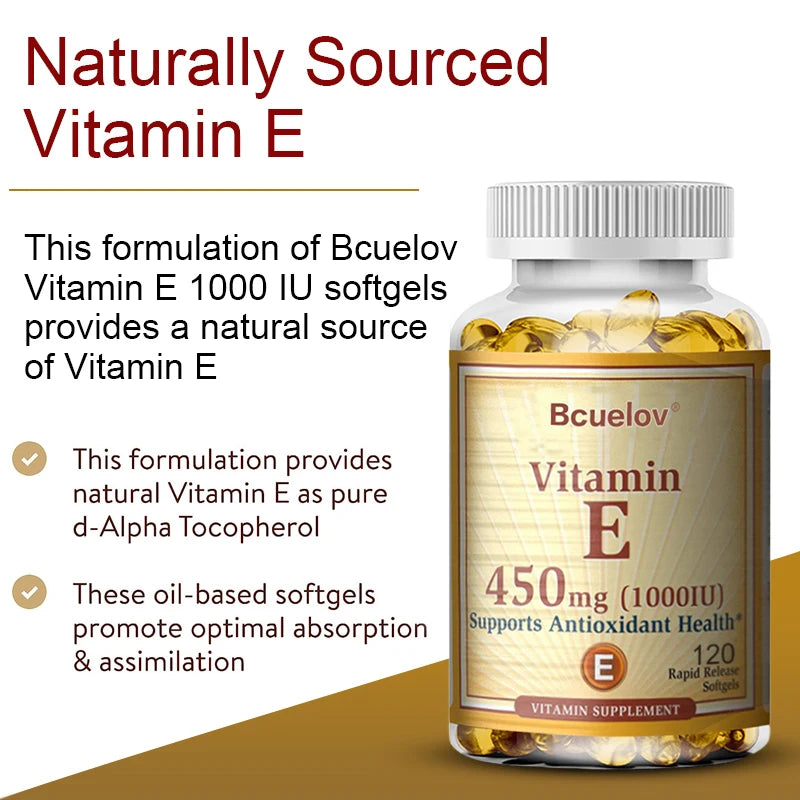 Bcuelov Vitamin E Capsules – Daily Antioxidant Support for Skin & Immunity (30–120 Ct)